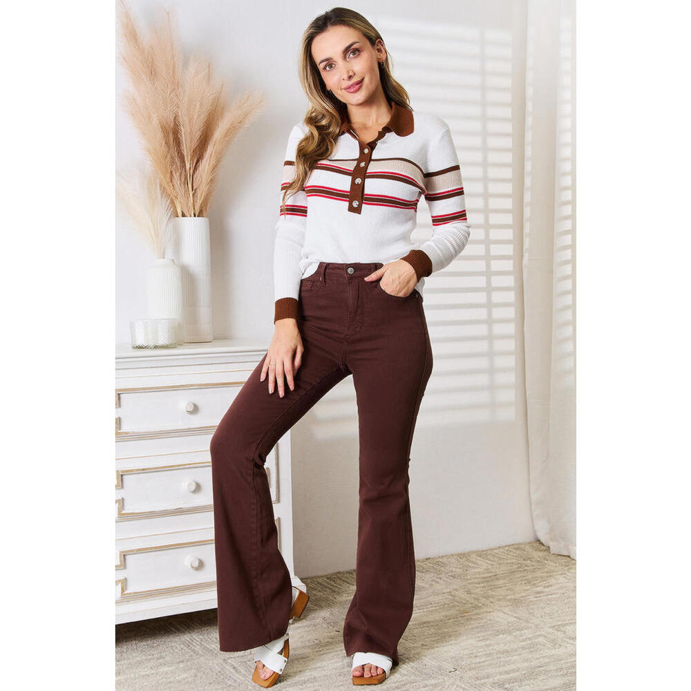 Striped Collared Neck Rib-Knit Top - Picture 4 of 7